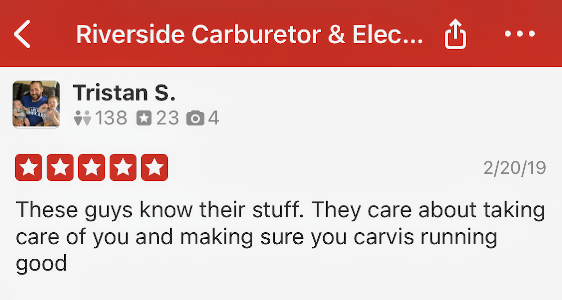 Great Yelp review for Riverside Carb & Electric