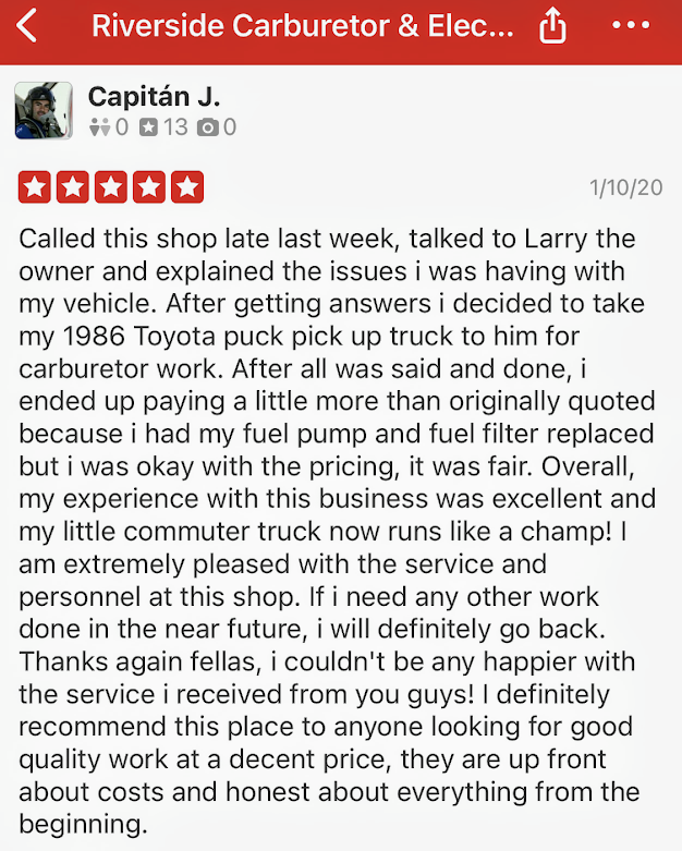 Awesome Yelp review for Riverside Carb & Electric