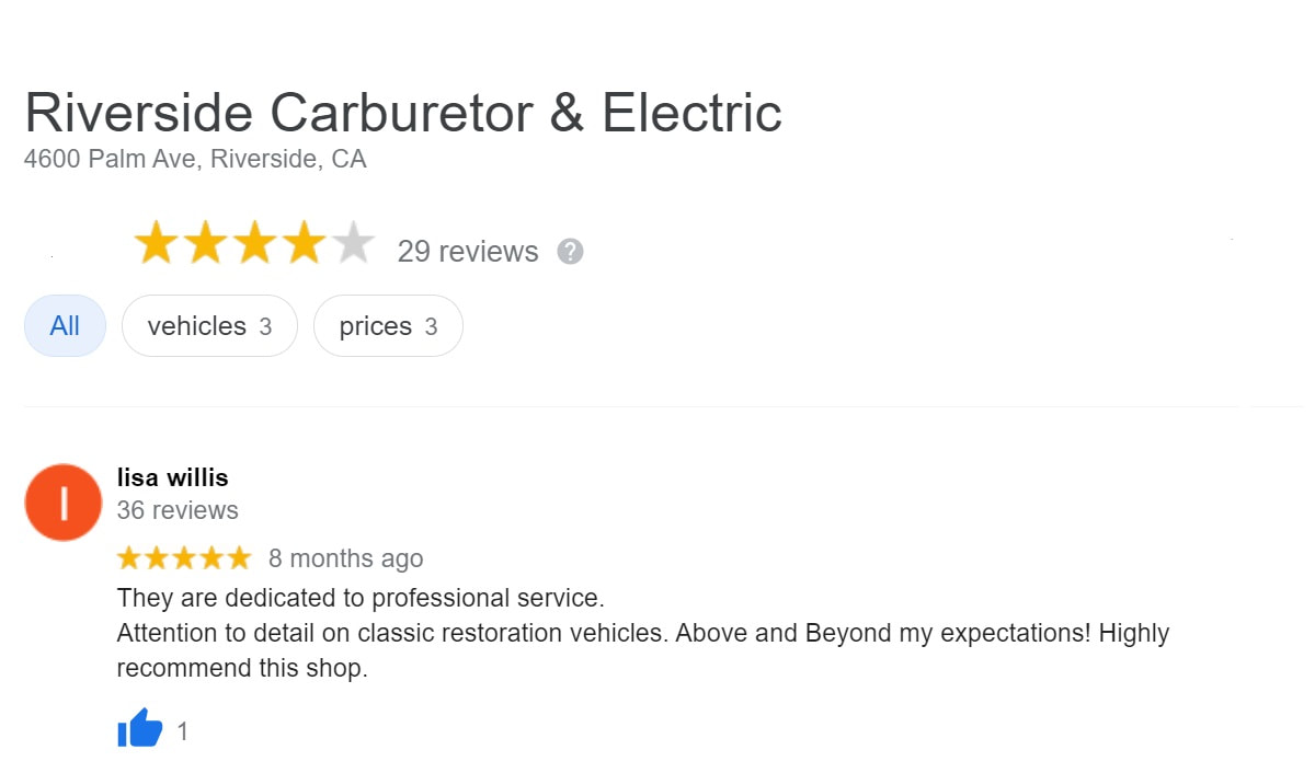 Great Google review for Riverside Carb & Electric